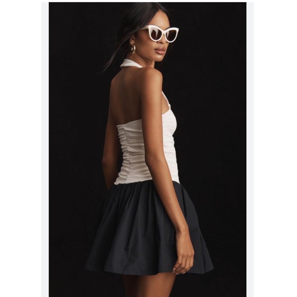 Maeve Anthropologie Halter Ruched Bubble Hem Dress Cream Black Large NEW (E)